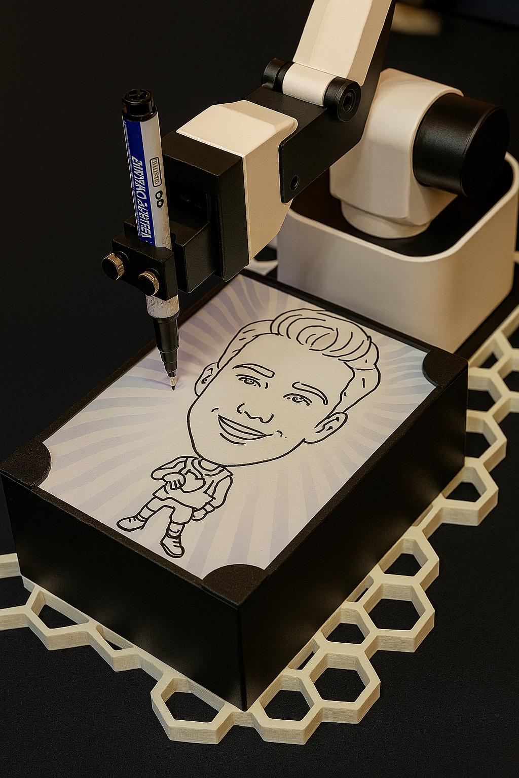 Sketch Robot creating a live AI caricature for a guest at a Dubai event, with fun mini-body themes and on-the-spot printing for branded souvenirs.
